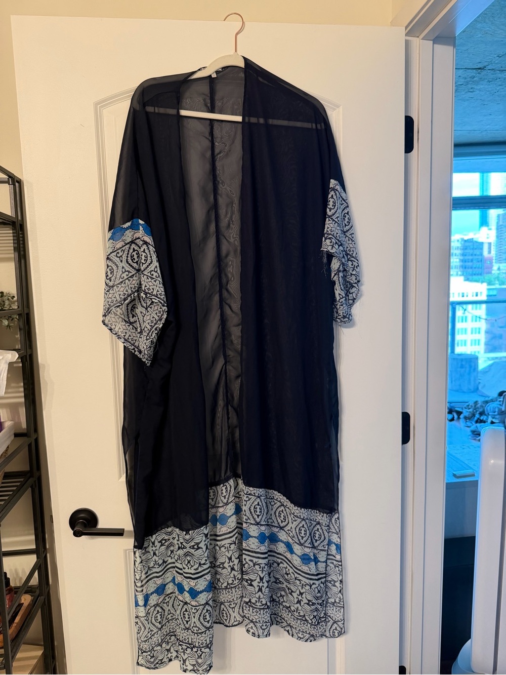Black Sheer Kimono with Blue & White Border Print